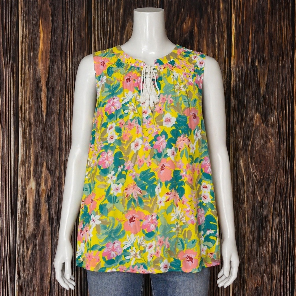 Cure Petites Blouse Womens PL Yellow Tropical Floral Tassel Sleeveless